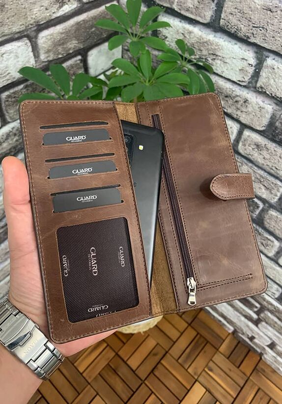 Guard Antik Kahverengi Kart ve Para Slotlu Deri Telefon Cüzdanı