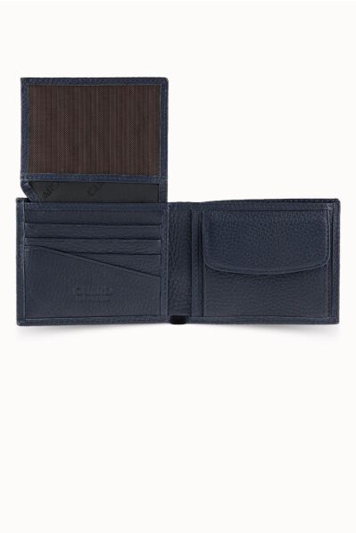 Guard Coin Pitted Navy Blue Genuine Leather Horizontal Men's Wallet - Thumbnail