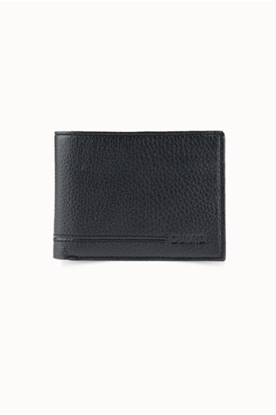 Guard Coin Pitted Black Genuine Leather Horizontal Men's Wallet