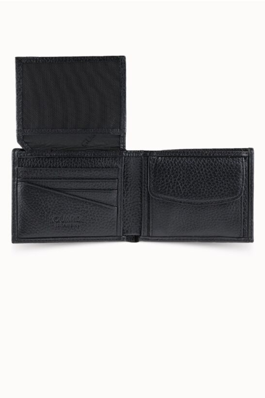 Guard Coin Pitted Black Genuine Leather Horizontal Men's Wallet