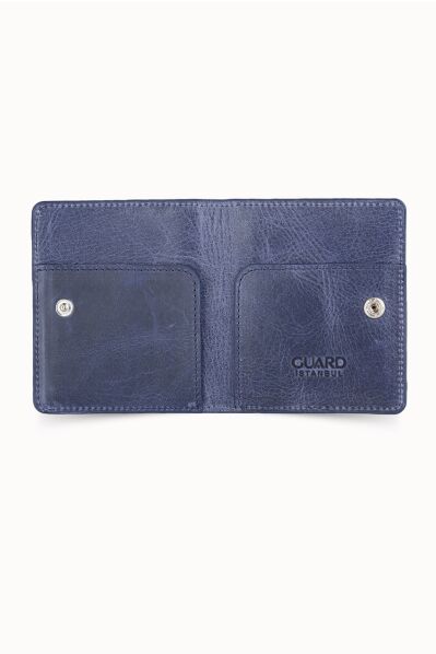 Guard Antique Navy Blue Paste Design Leather Card Holder - Thumbnail