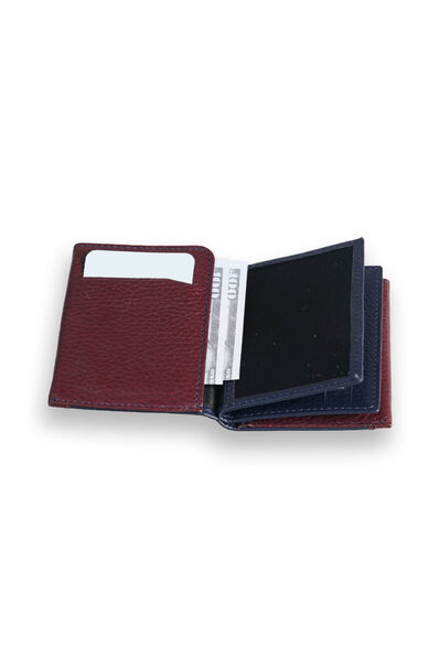 Guard Navy Blue - Burgundy Dual Color Compartment Genuine Leather Card Holder - Thumbnail