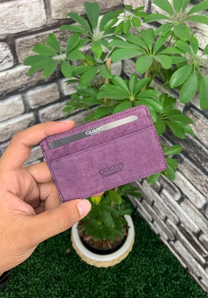 Hakiki Deri Ultra Ince Unisex Mor Nubuk Minimal Kartlık (T1078)